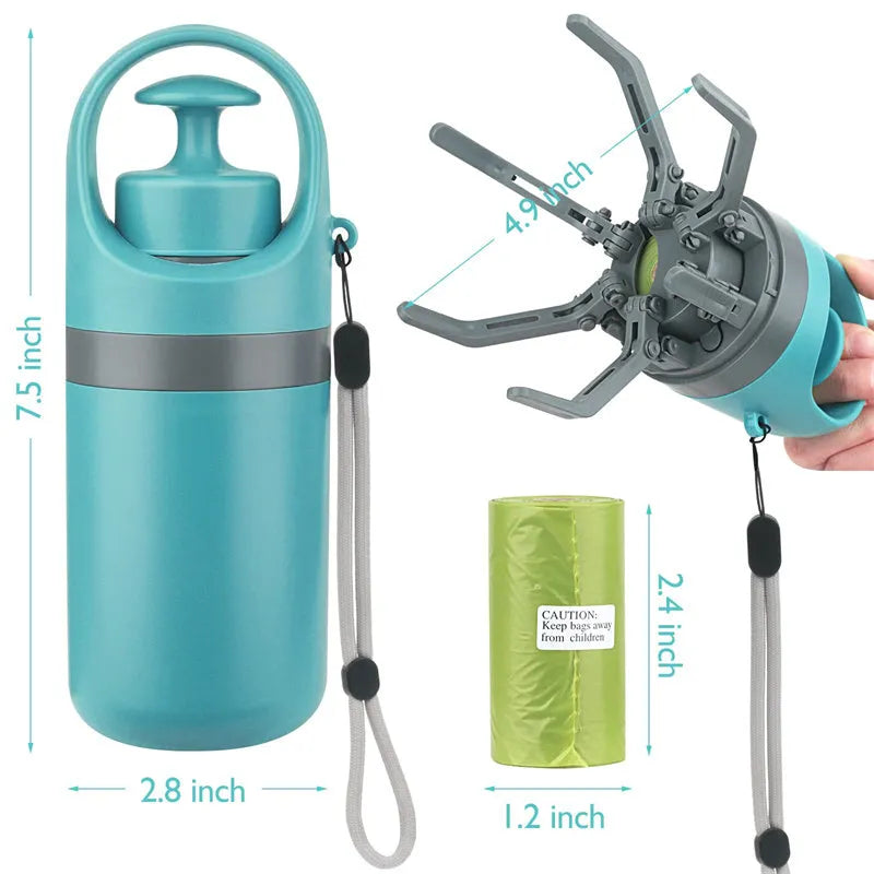 Blue portable dog pooper scooper with built-in bag dispenser and eight-claw shovel mechanism