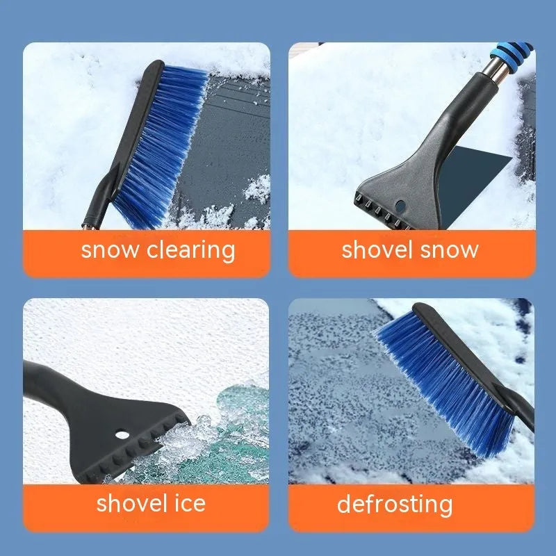 Blue and yellow long-handled car snow brush and ice scraper with plastic construction