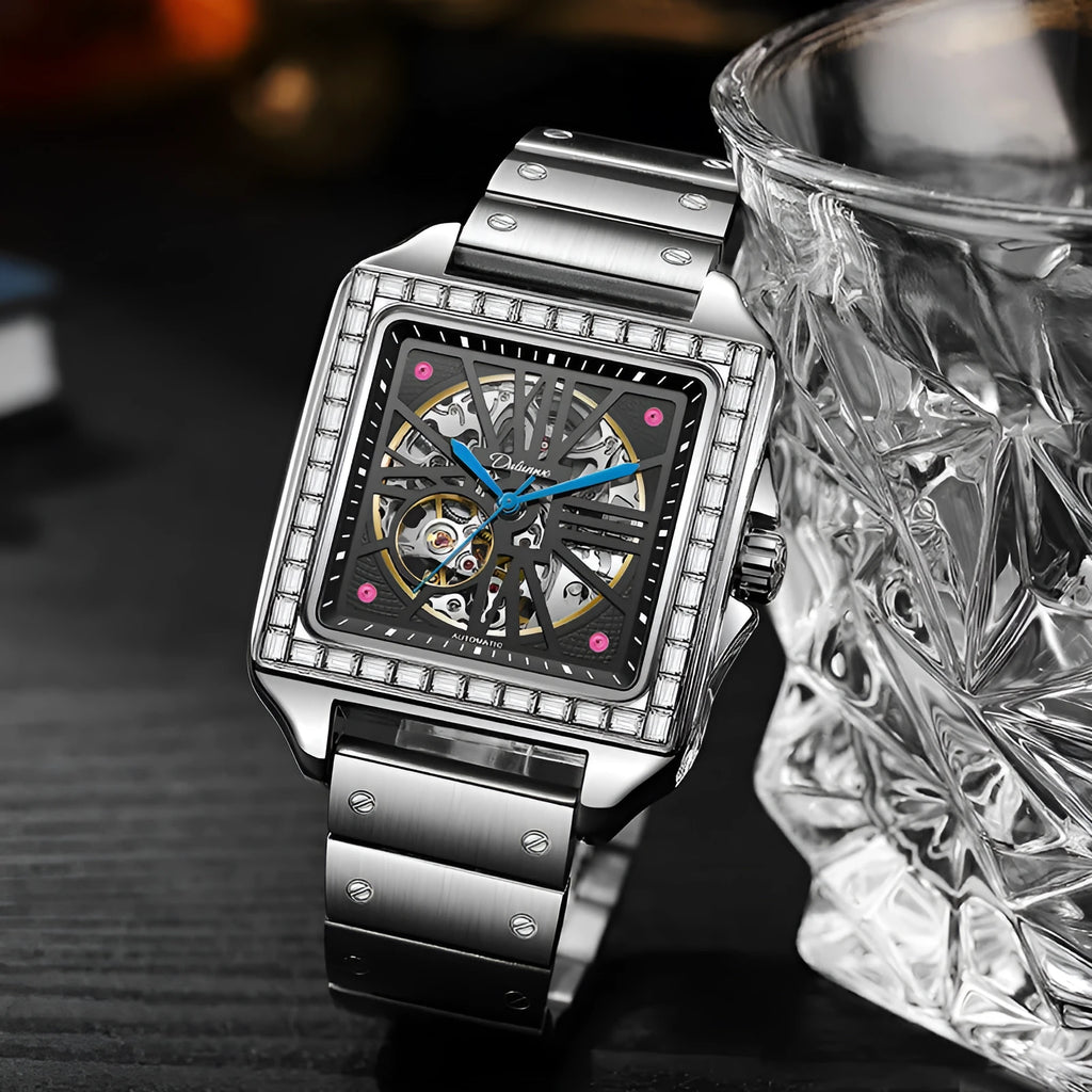 Square diamond-studded automatic watch for men in business style with black or white options