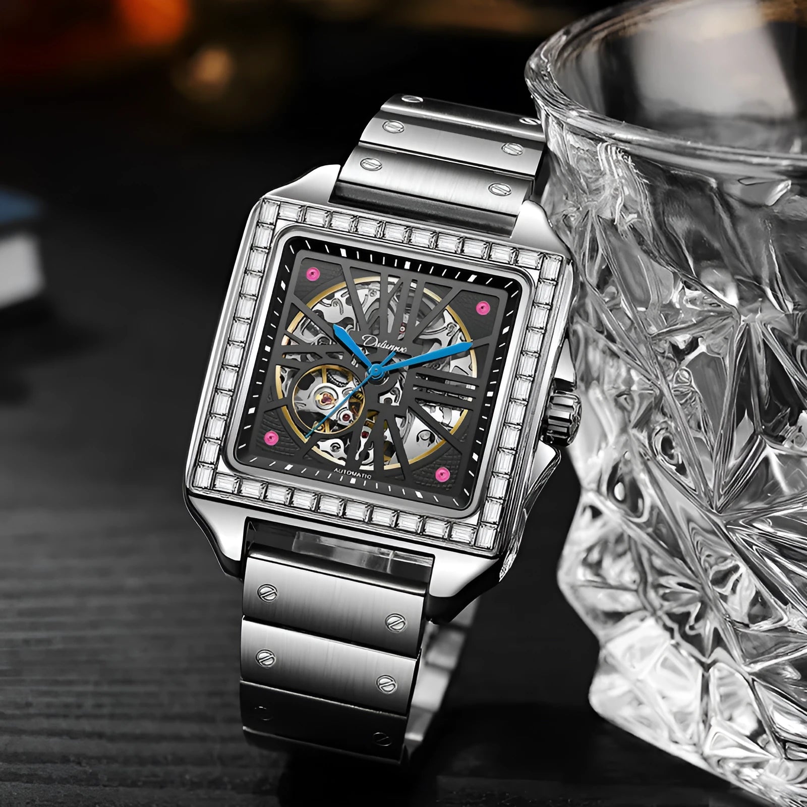 Square diamond-studded automatic watch for men in business style with black or white options