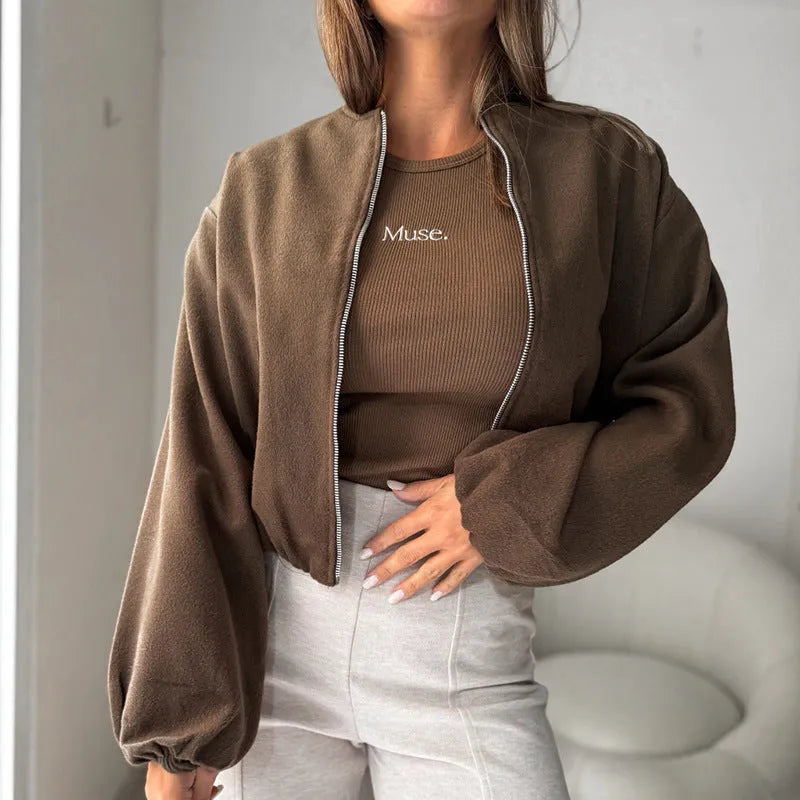 Women's off-shoulder coat with lantern sleeves in loose fit, available in brown or milky white colour