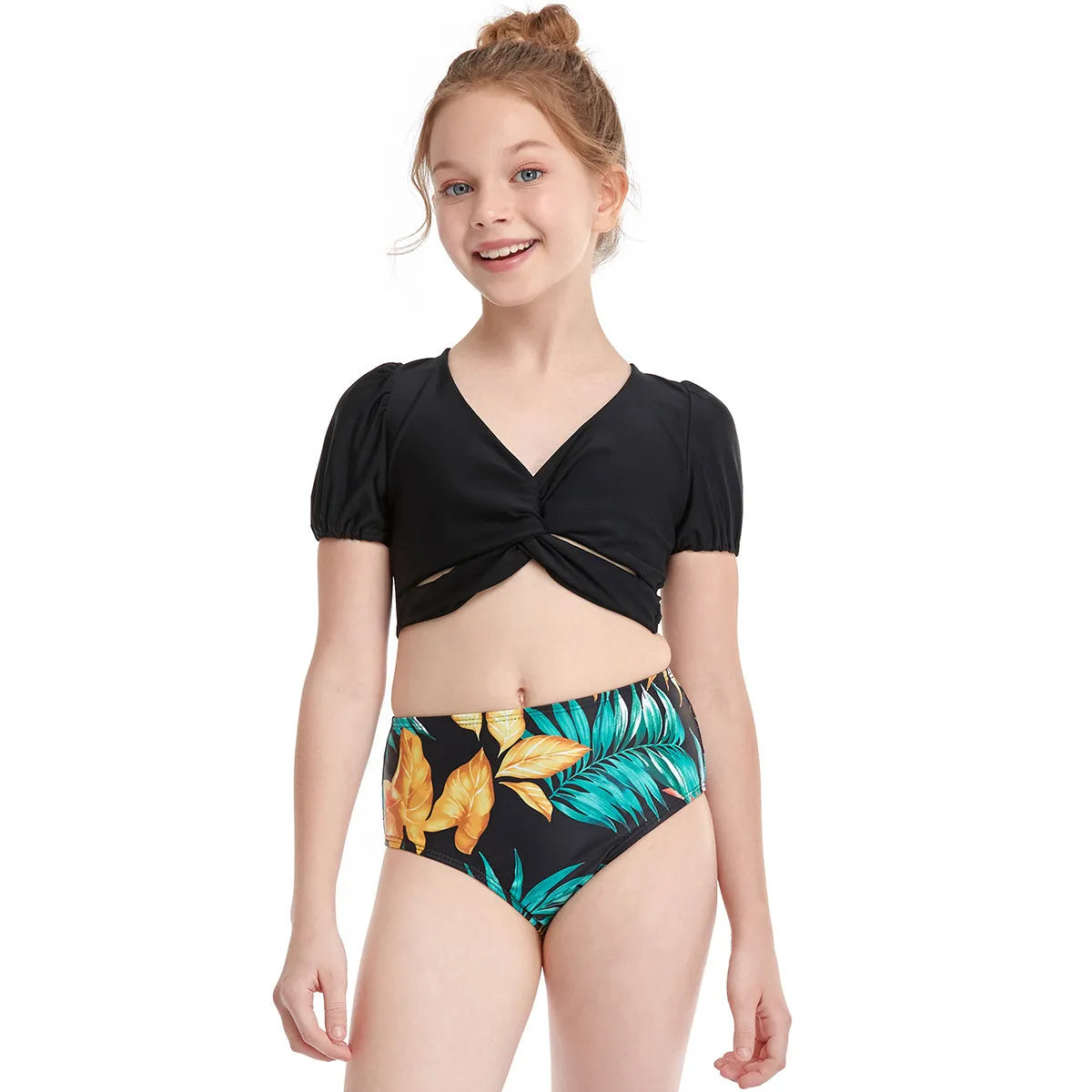 Parent-child swimwear in nylon with leopard print and solid colours, sizes 104-164cm for family matching