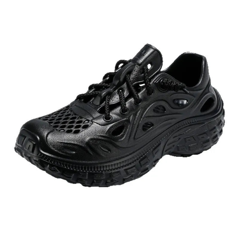 Men's black thick-soled sandals with covered heel and breathable hollow out design