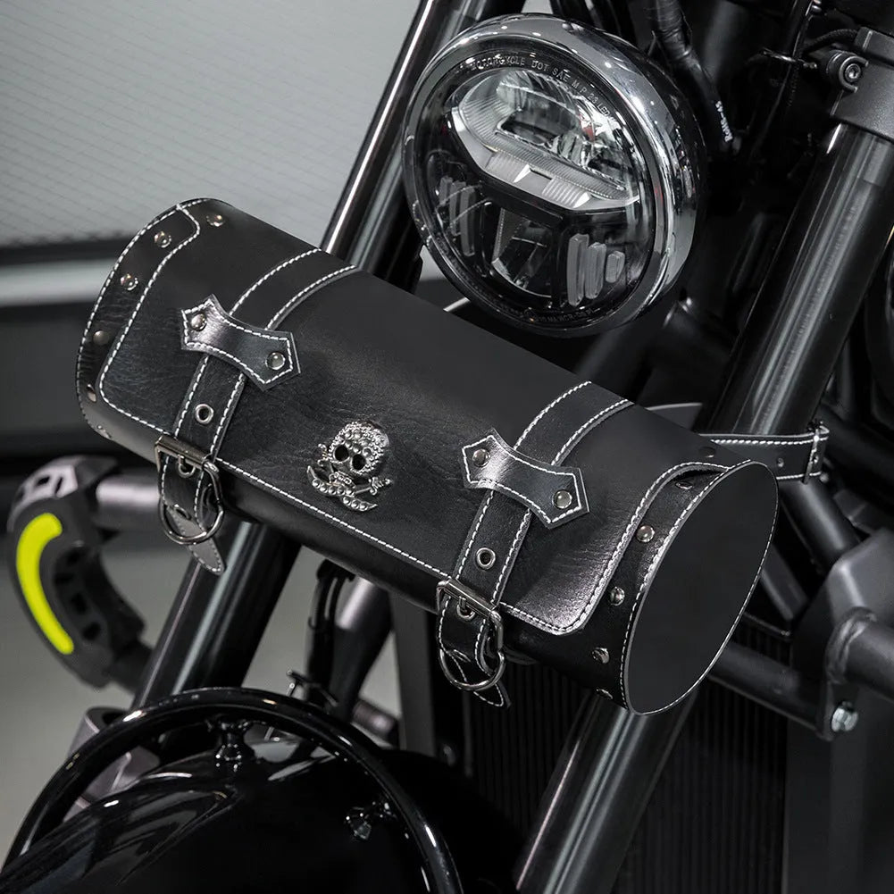 Punk retro style motorcycle pannier bag made from PU material for custom bike modifications