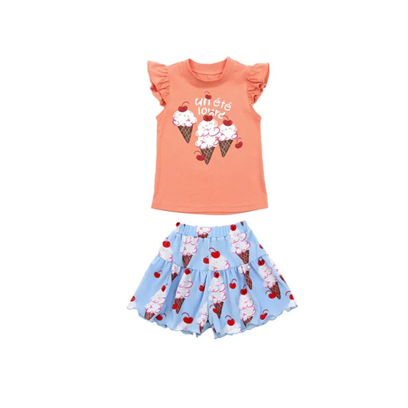 Children's Ice Cream pleated T-shirt shorts Korean set in BE Blue Suit, two-piece summer outfit on white background