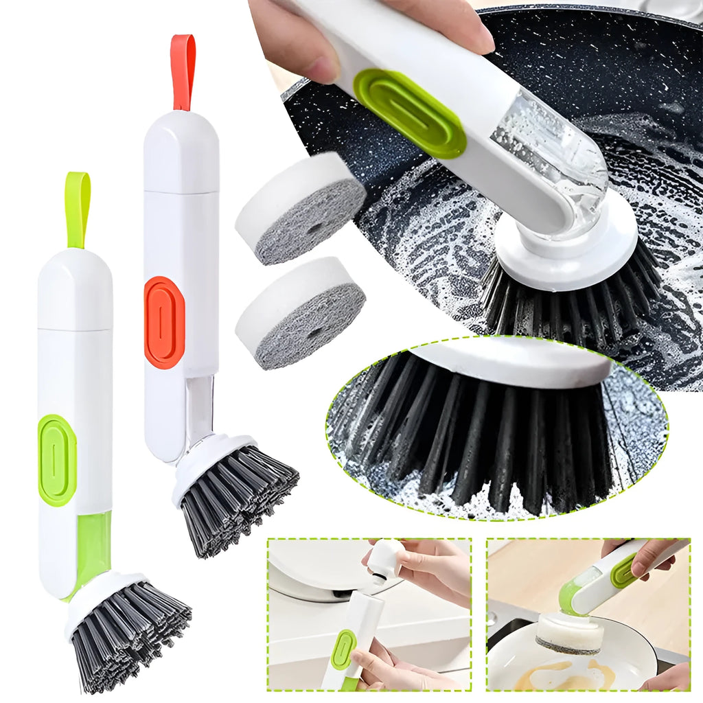 White and red long-handle kitchen brush with liquid dispenser button and two removable brush heads.