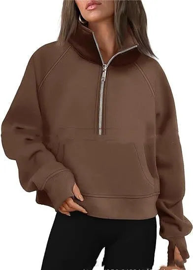 Women's loose lapel fleece-lined sweater in a solid colour showing raglan sleeve design