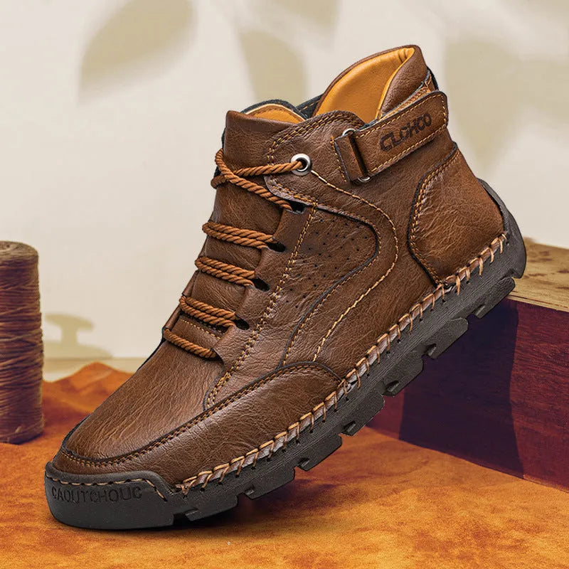 Martin boots men's casual shoes with stitching, black artificial PU upper, flat heel, rubber sole