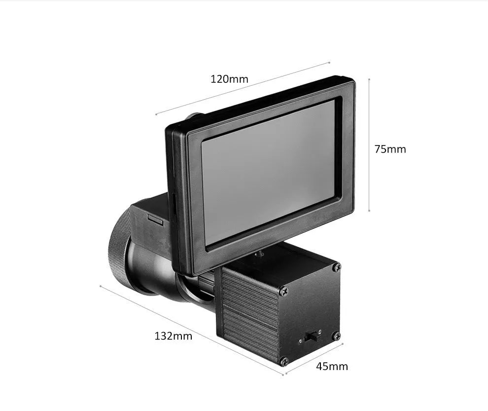 Black digital night vision monocular with 4.3-inch screen showing night scene with infrared illumination