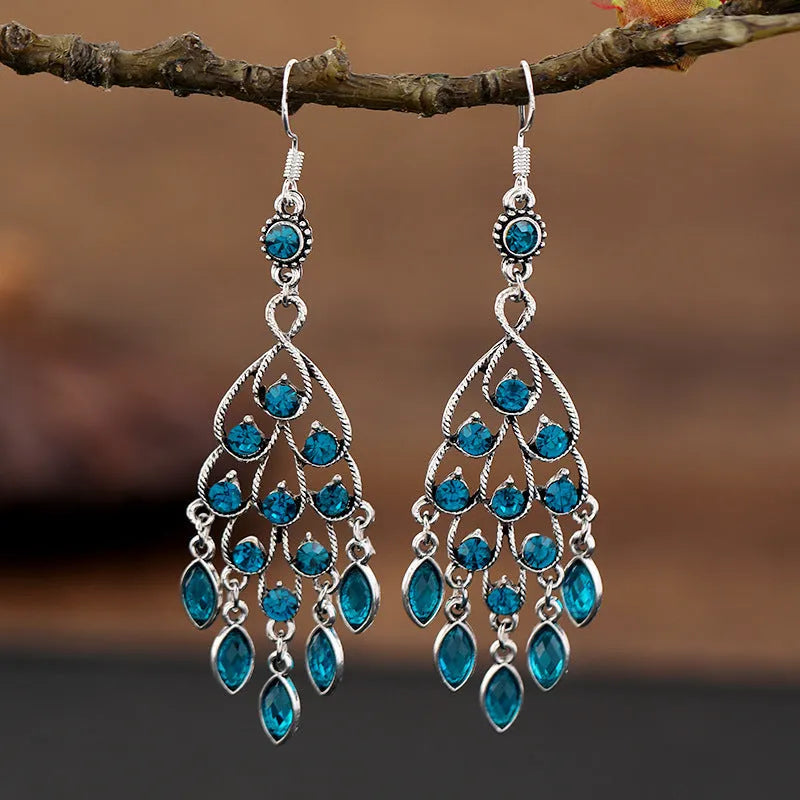 Purple retro court crystal long fringe drop earrings with ethnic style alloy construction