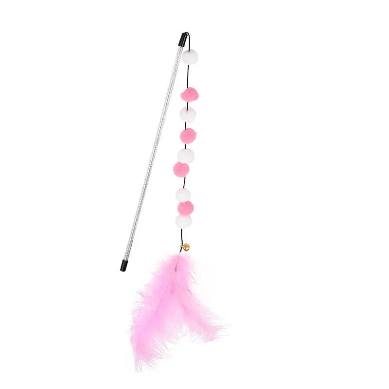 31cm cat teaser rod with bell and coloured pompon feather toys for interactive play