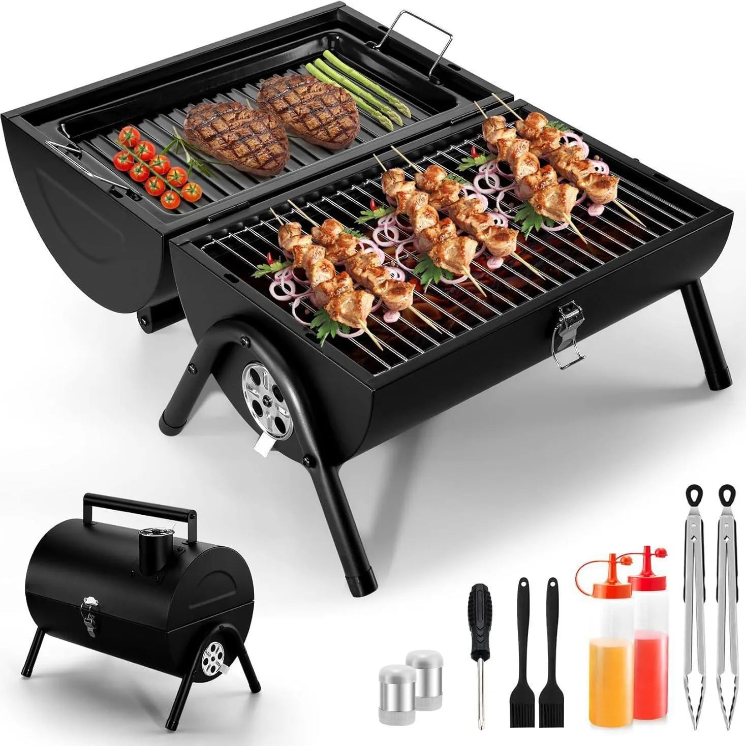 Small folding metal desktop barbecue smoking device with charcoal grill.