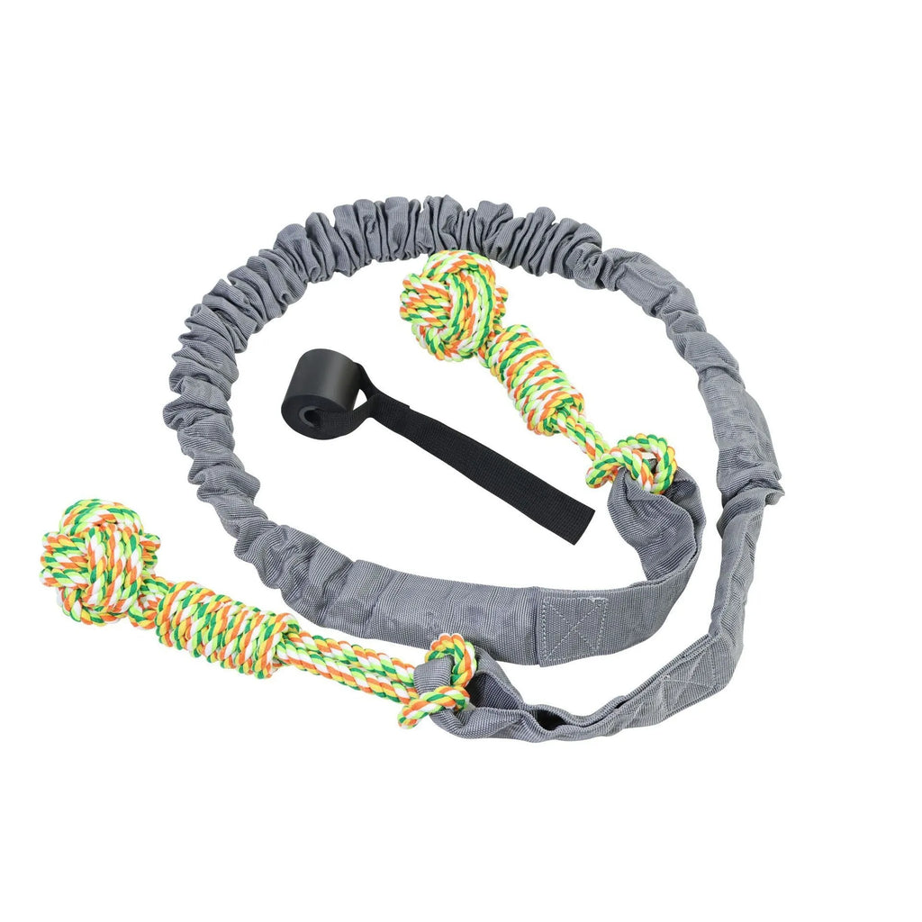 Cotton rope dog tug toy for interactive play and dental grinding, shown in black, grey, or red.