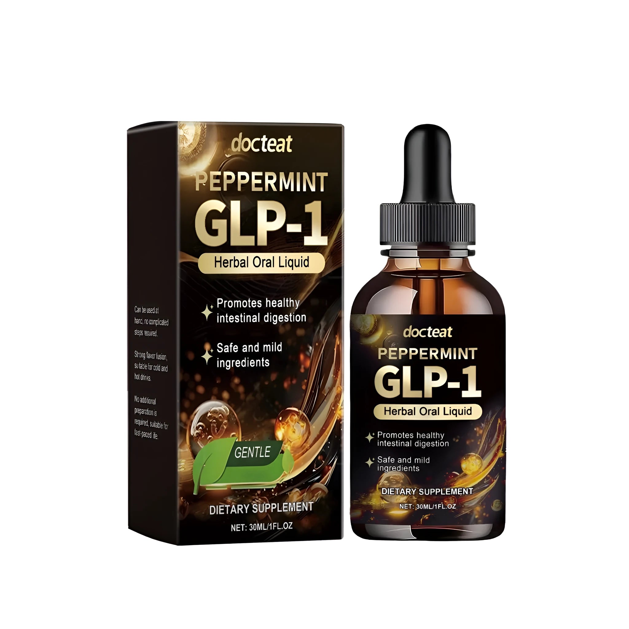 30ml bottle of intestinal health care liquid supplement with a dropper cap.