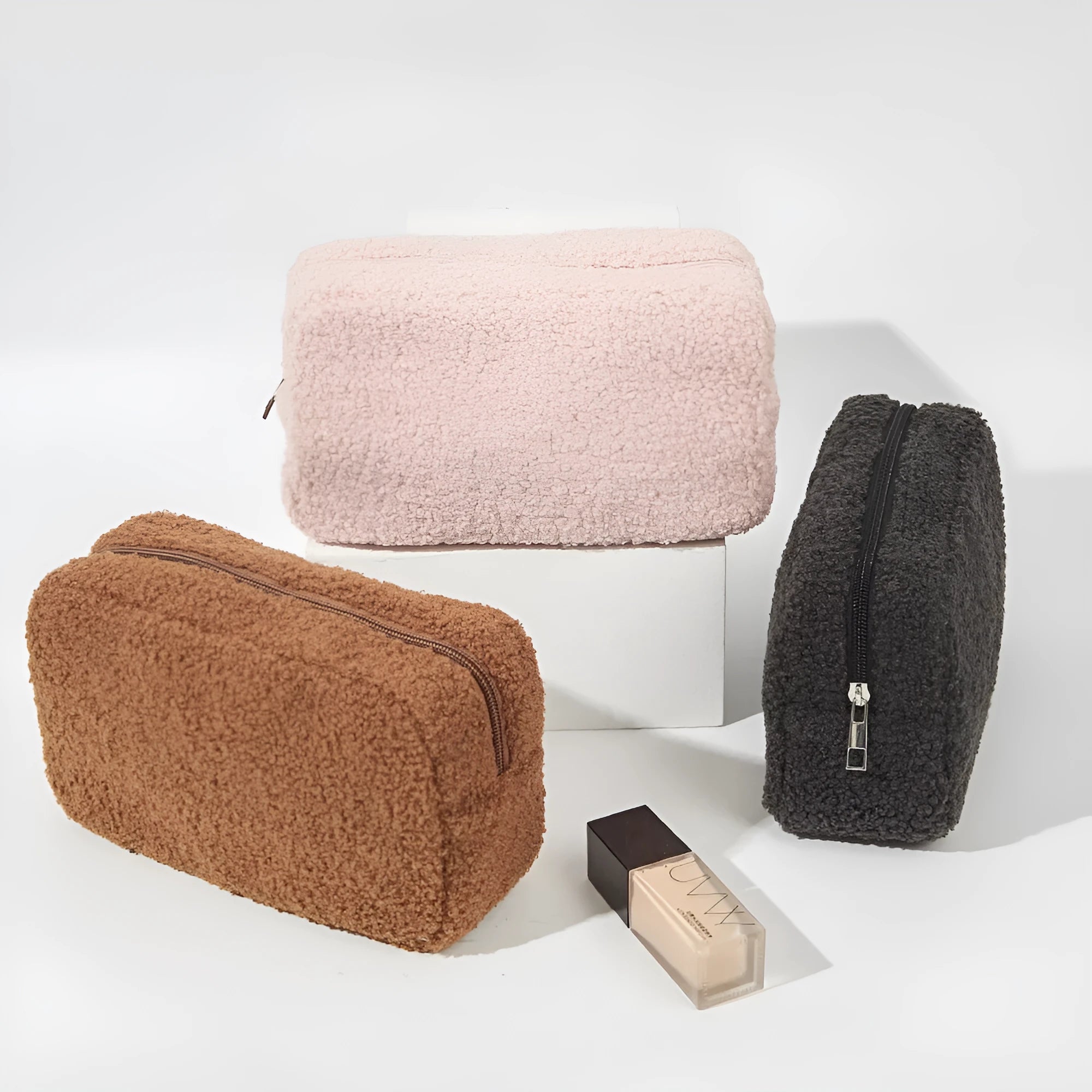 Large capacity velvet storage bag for cosmetics, teddy plush material, cube shape, pink colour, 23x8x12.7cm