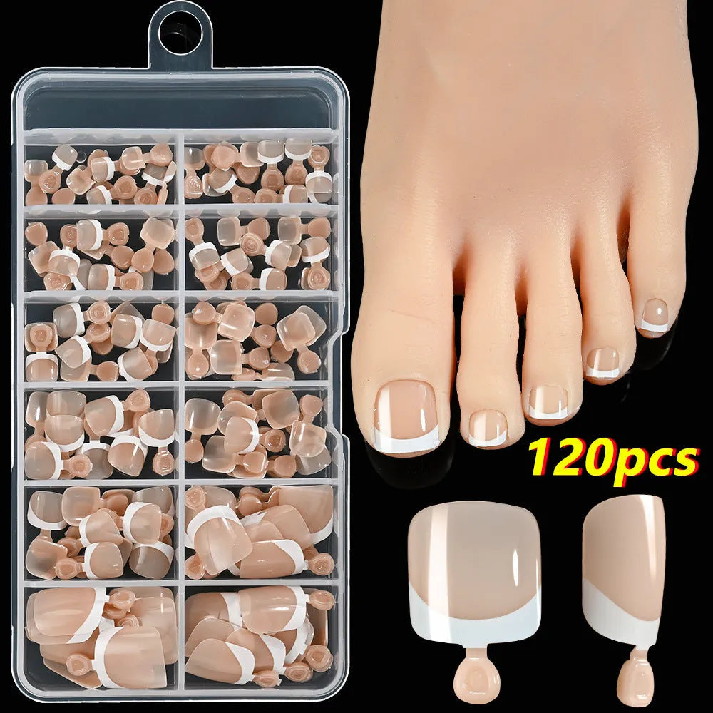 120 piece box of French white edge nude full square short press-on nails in nine colour shades