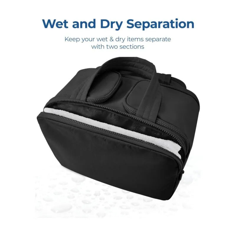 Large open travel toiletry bag in soft-touch polyester fabric, shown in a light blue colour.