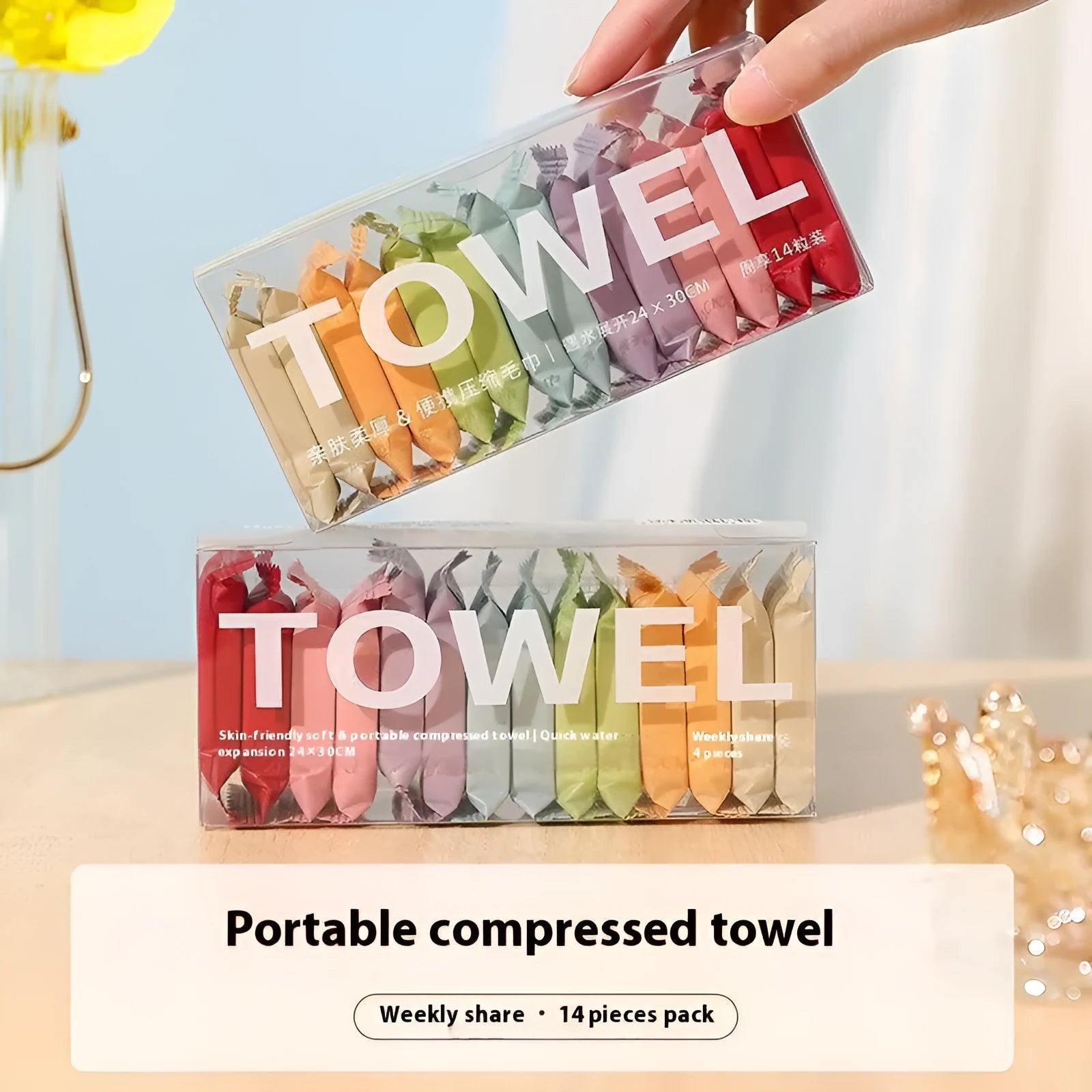 Boxed colour 14-pack compressed towel set, 75g, 14.5x4x6.5cm resin towels for travel