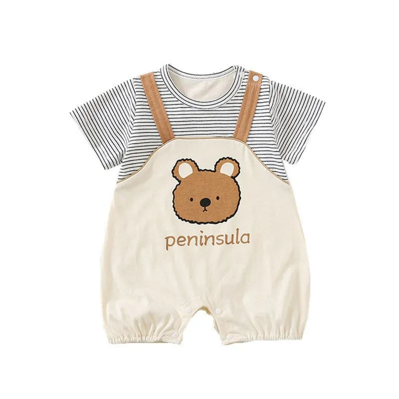 Cartoon bear print baby short sleeve romper in cotton pullover style, available in sizes 66cm to 90cm