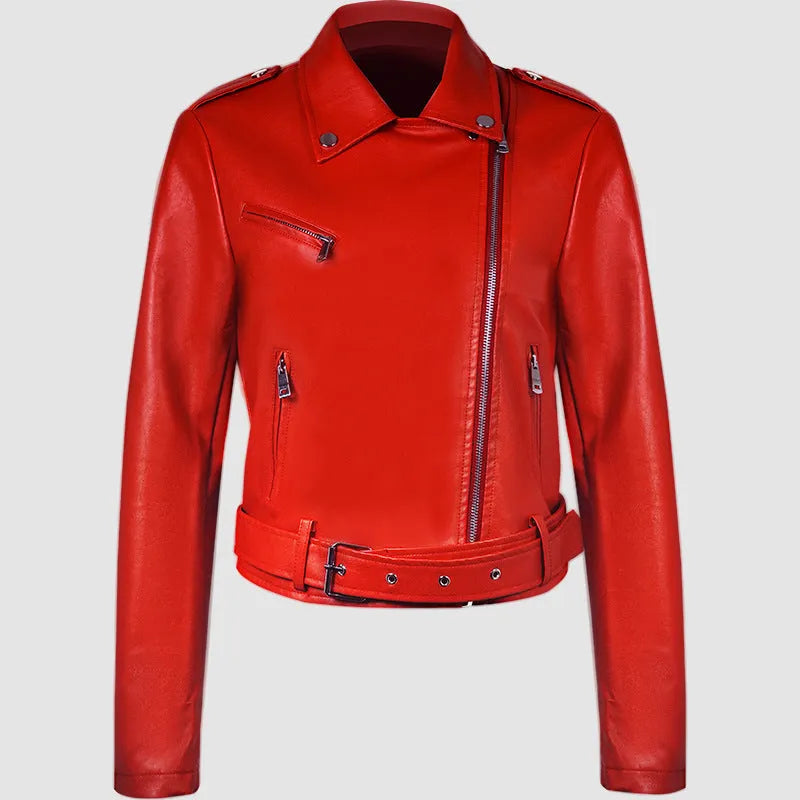 Red women's PU leather motorcycle jacket with lapel collar and front belt on a hanger.