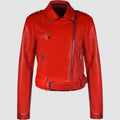 Red women's PU leather motorcycle jacket with lapel collar and front belt on a hanger.
