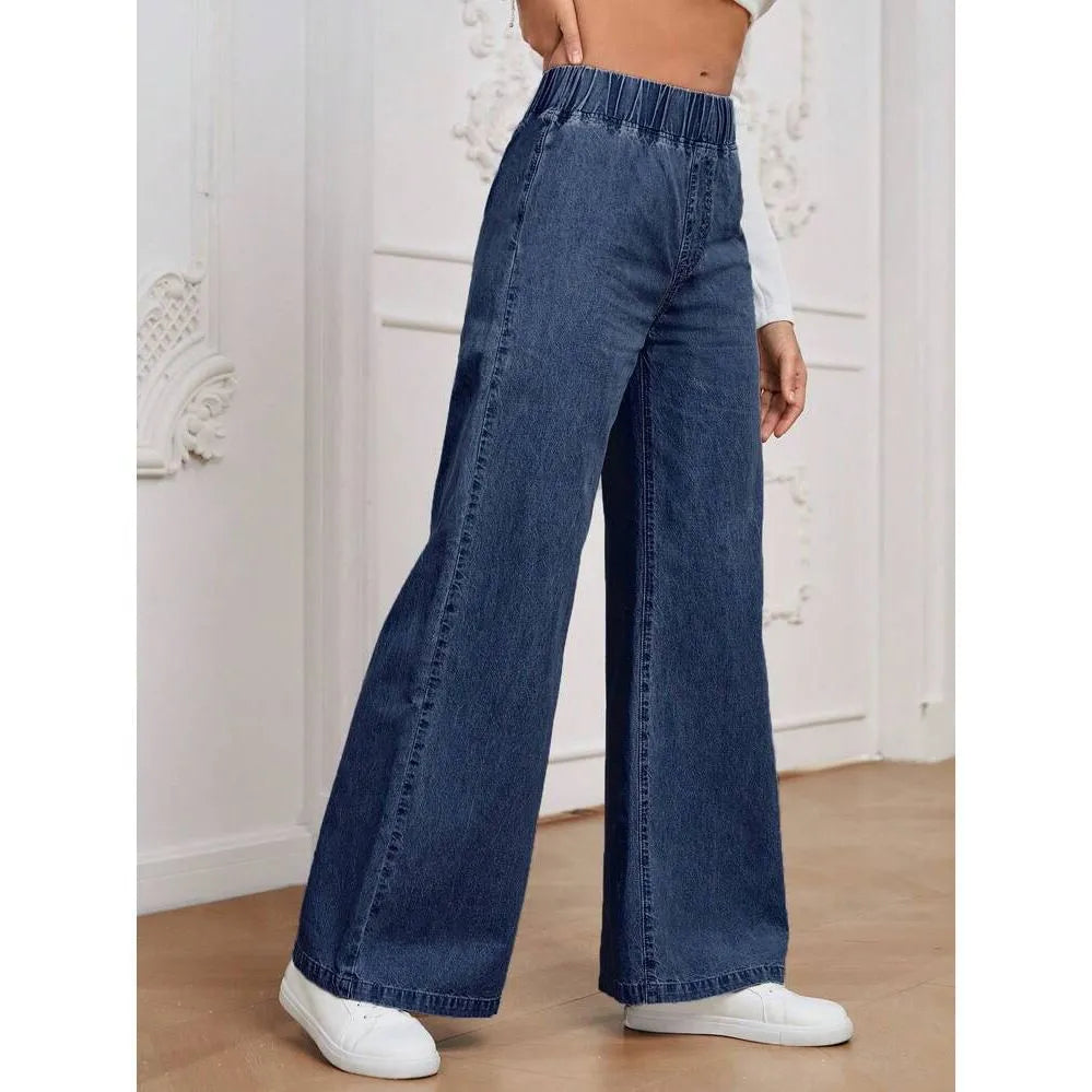 Light blue washed wide-leg denim trousers with straight cut and mid waist design