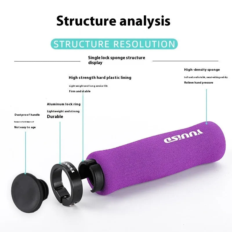 Mountain bike soft sponge handle covers in black, purple and bicolour options showing lightweight shock-absorbing design