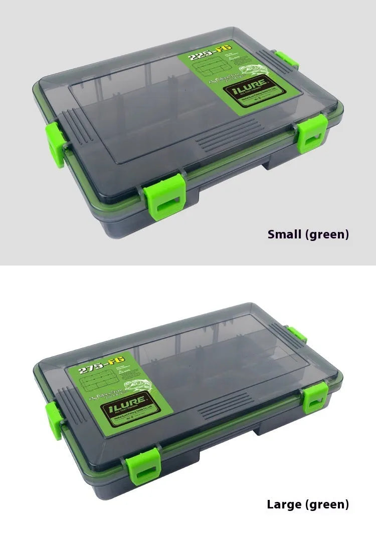 Orange waterproof plastic fishing lure storage box with lid open.
