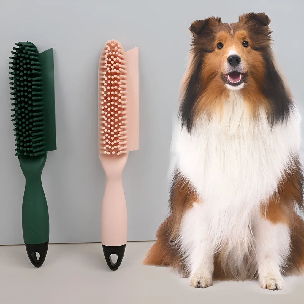 Green and pink pet grooming brush with massage function and hair collector for dogs and cats