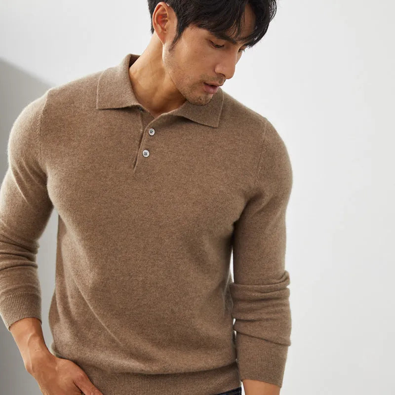Men's cashmere polo collar pullover sweater in sapphire blue colour showing loose fit design