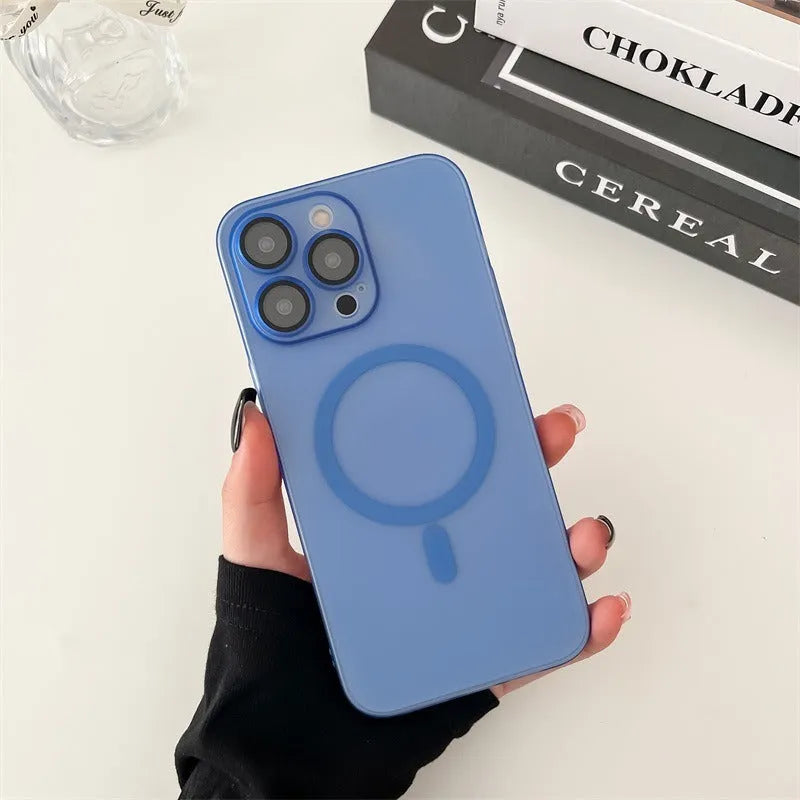 Ice Mist coloured ultra-thin magnetic frosted phone case for iPhone, shown on a phone.