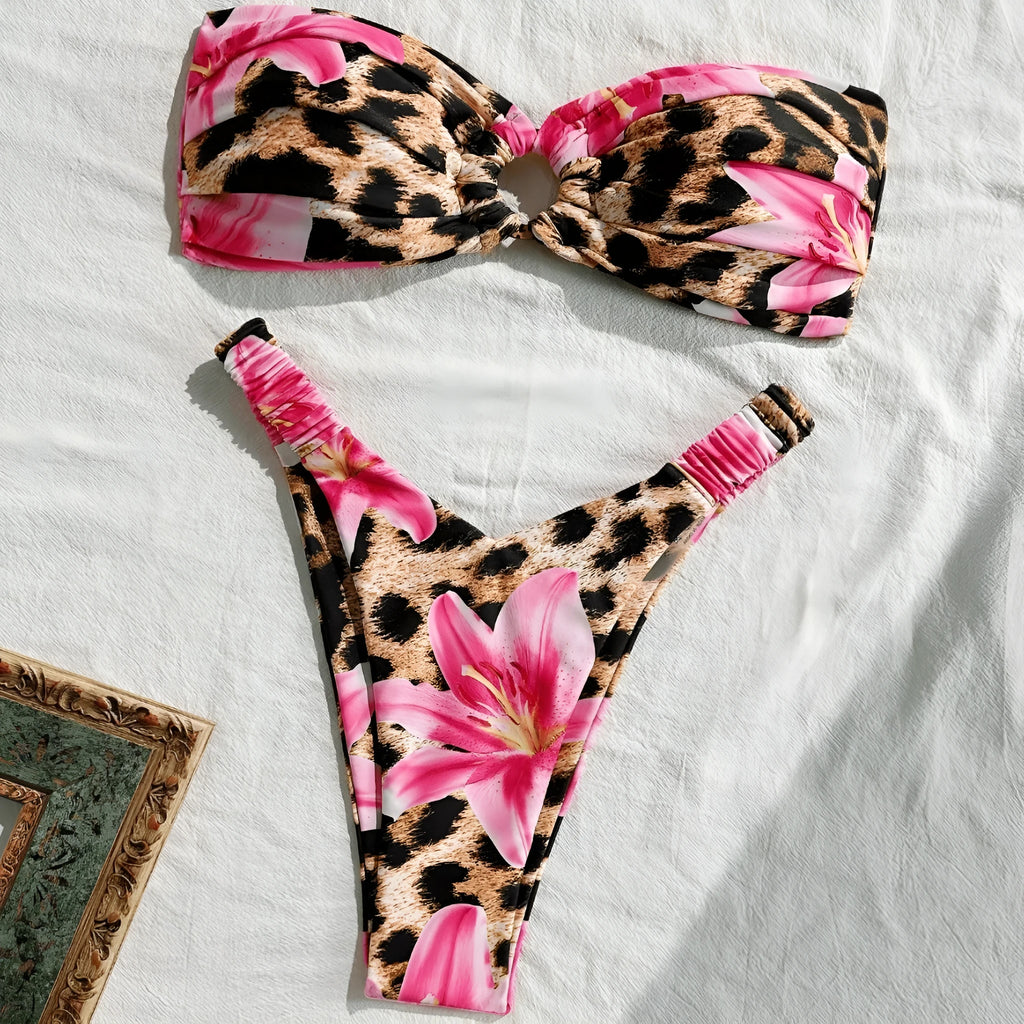 Women's tube top split bikini swimsuit in pink leopard print, polyester, sizes S to XL for swimming and wading