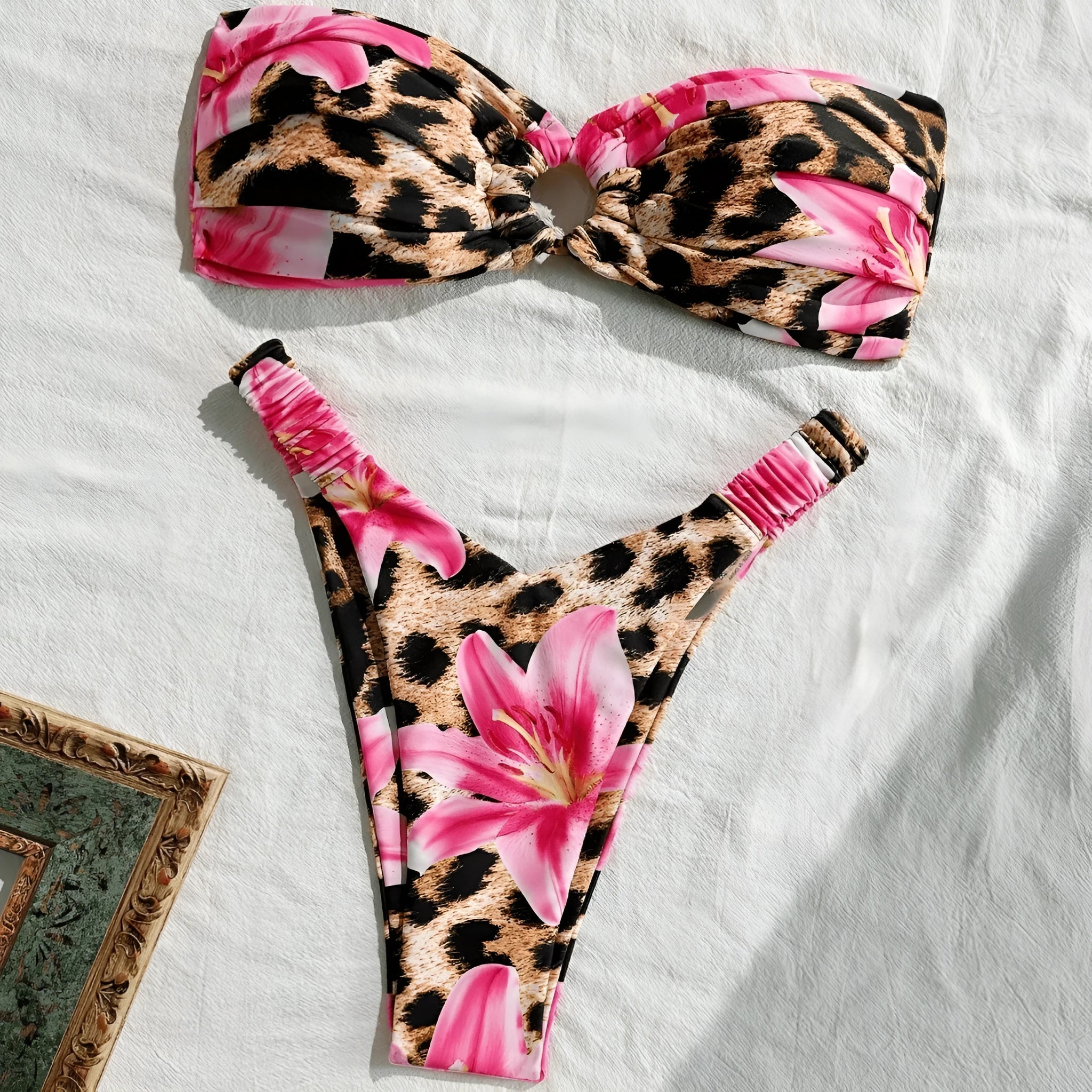 Women's tube top split bikini swimsuit in pink leopard print, polyester, sizes S to XL for swimming and wading