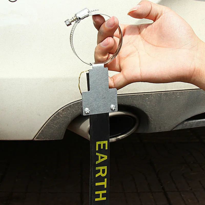 Black car electrostatic belt with a coiled copper wire grounding chain, measuring 370 mm in length.