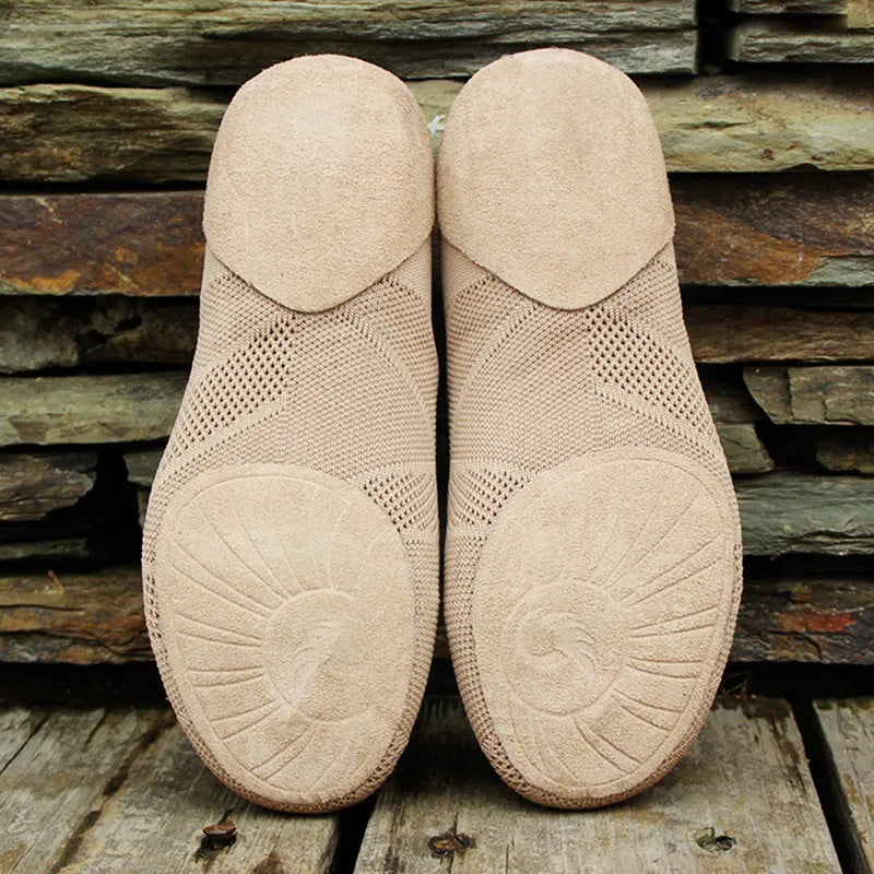 Camel coloured Latin dance shoes with cotton and mesh uppers and leather soles