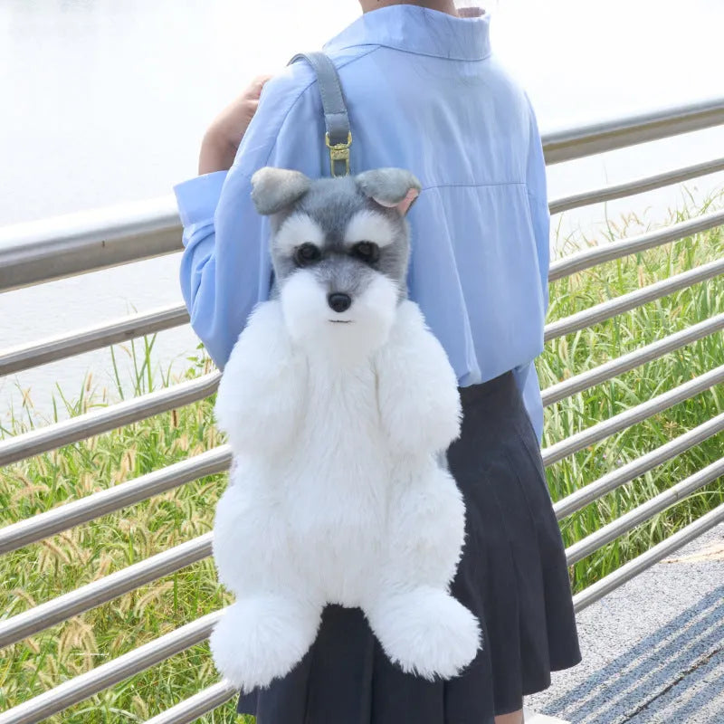 Schnauzer artificial dog backpack cartoon puppy doll with black bow and white strap