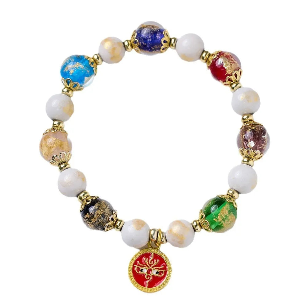Handmade glass bracelet with five gods of wealth theme and 10mm geometric beads in national style design