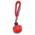 Red rubber dog ball with rope attachment showing textured surface and 29cm total length