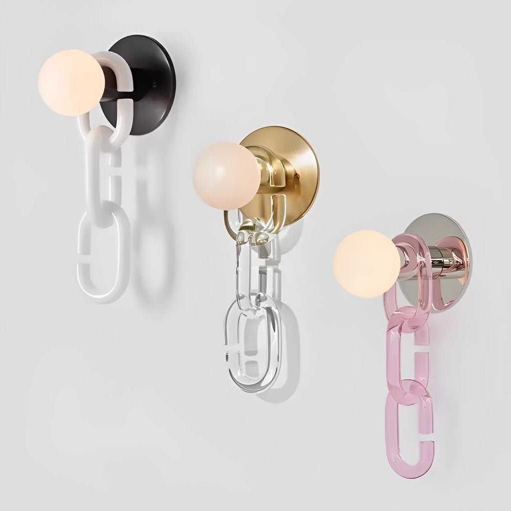 Glass ball wall lamp with hanging chain, iron body, LED light, 220V, black gold or chrome base options