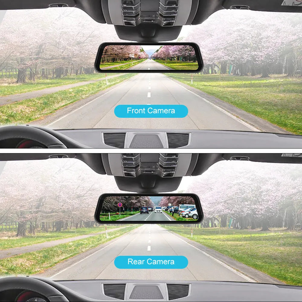 9.66-inch touchscreen car dashboard camera mirror showing video display and smartphone interface