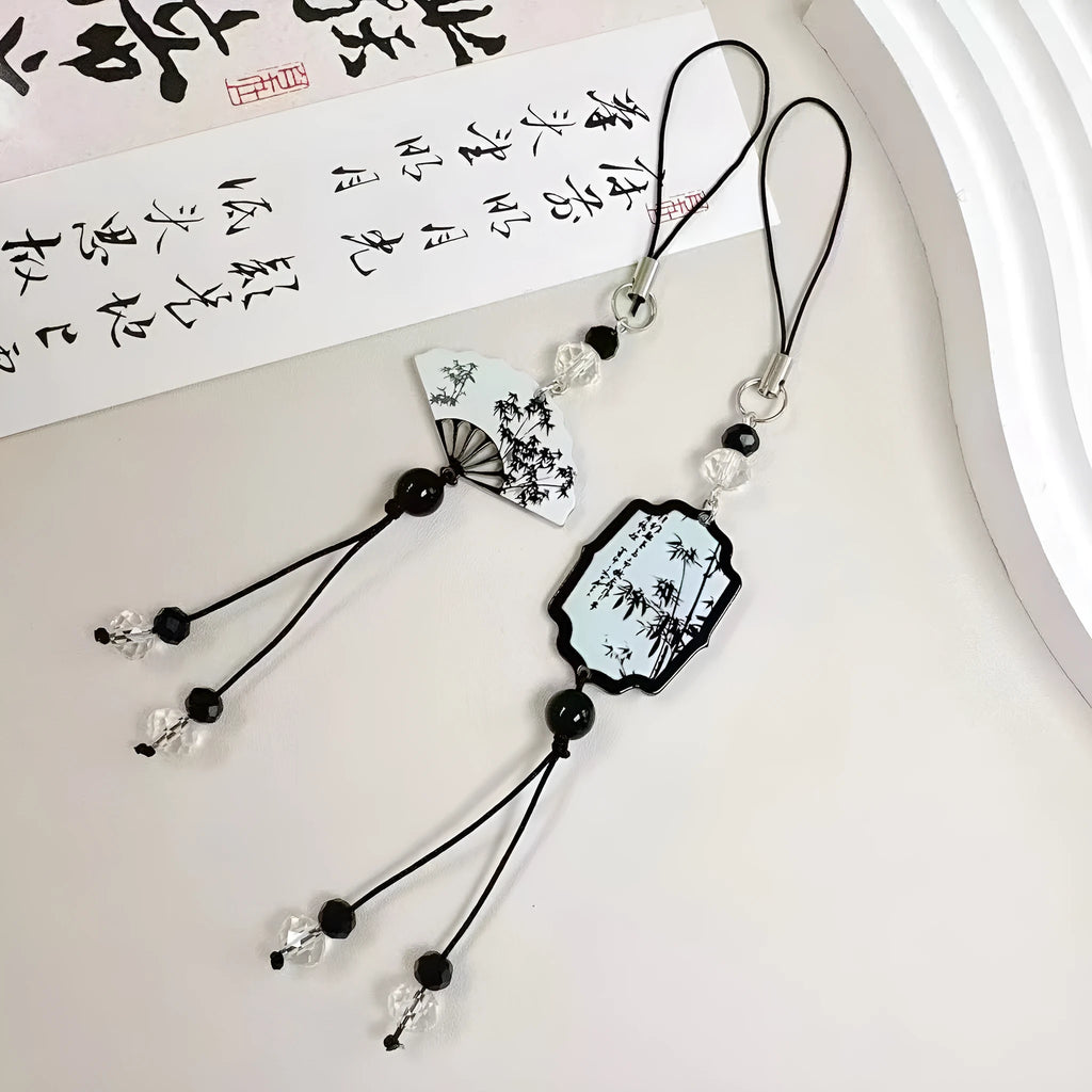 Chinese style bead pendant keychain with plant and flower patterns in baking varnish finish