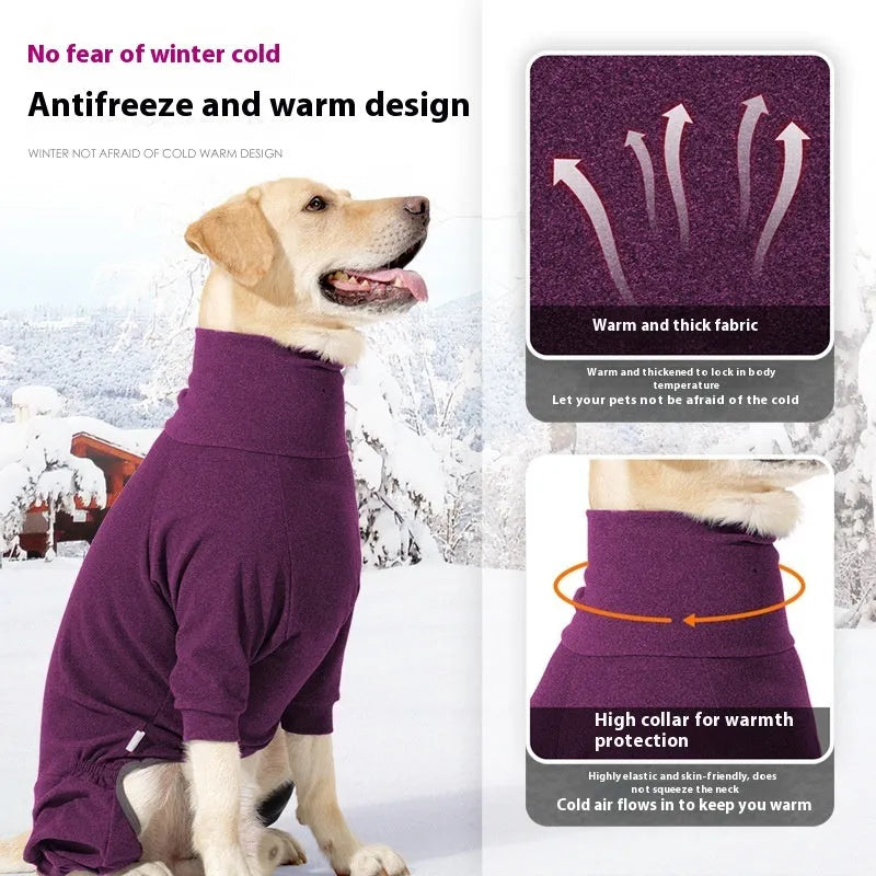 Four-legged polar fleece dog suit with high collar in dark grey colour on a medium-sized dog