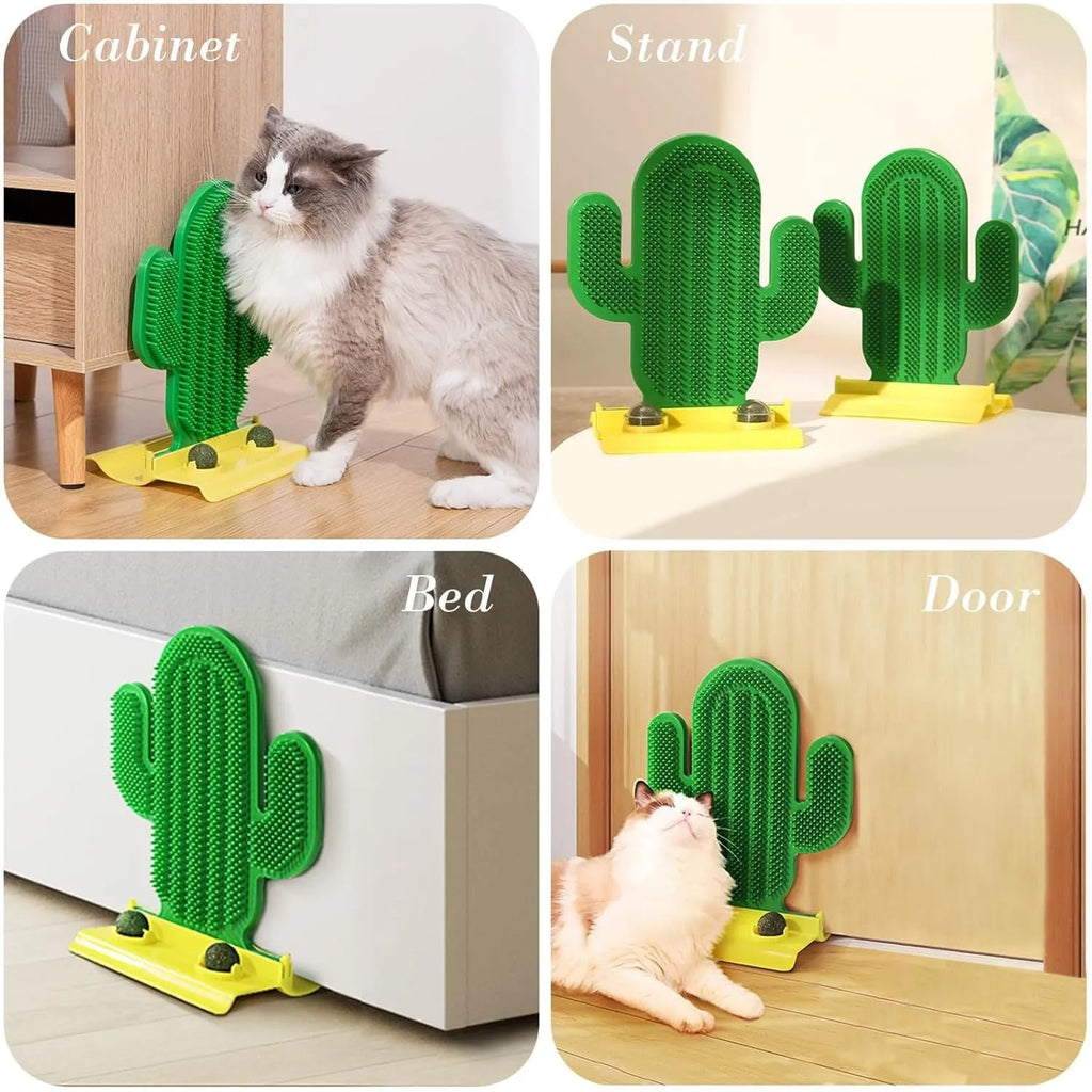 Green cactus-shaped cat self groomer with two catnip balls attached to a wall corner