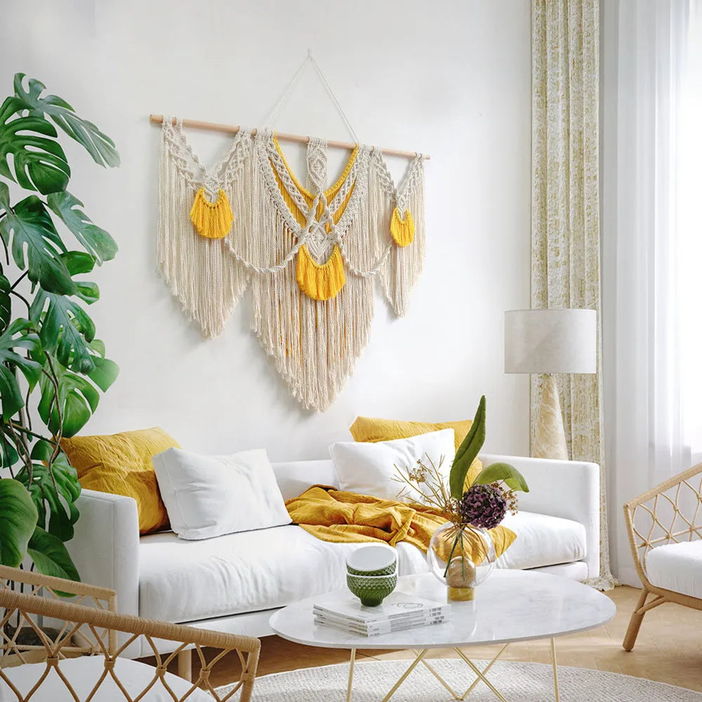 Hand-woven creamy white cotton tapestry wall hanging with rectangular shape measuring 120cm by 95cm