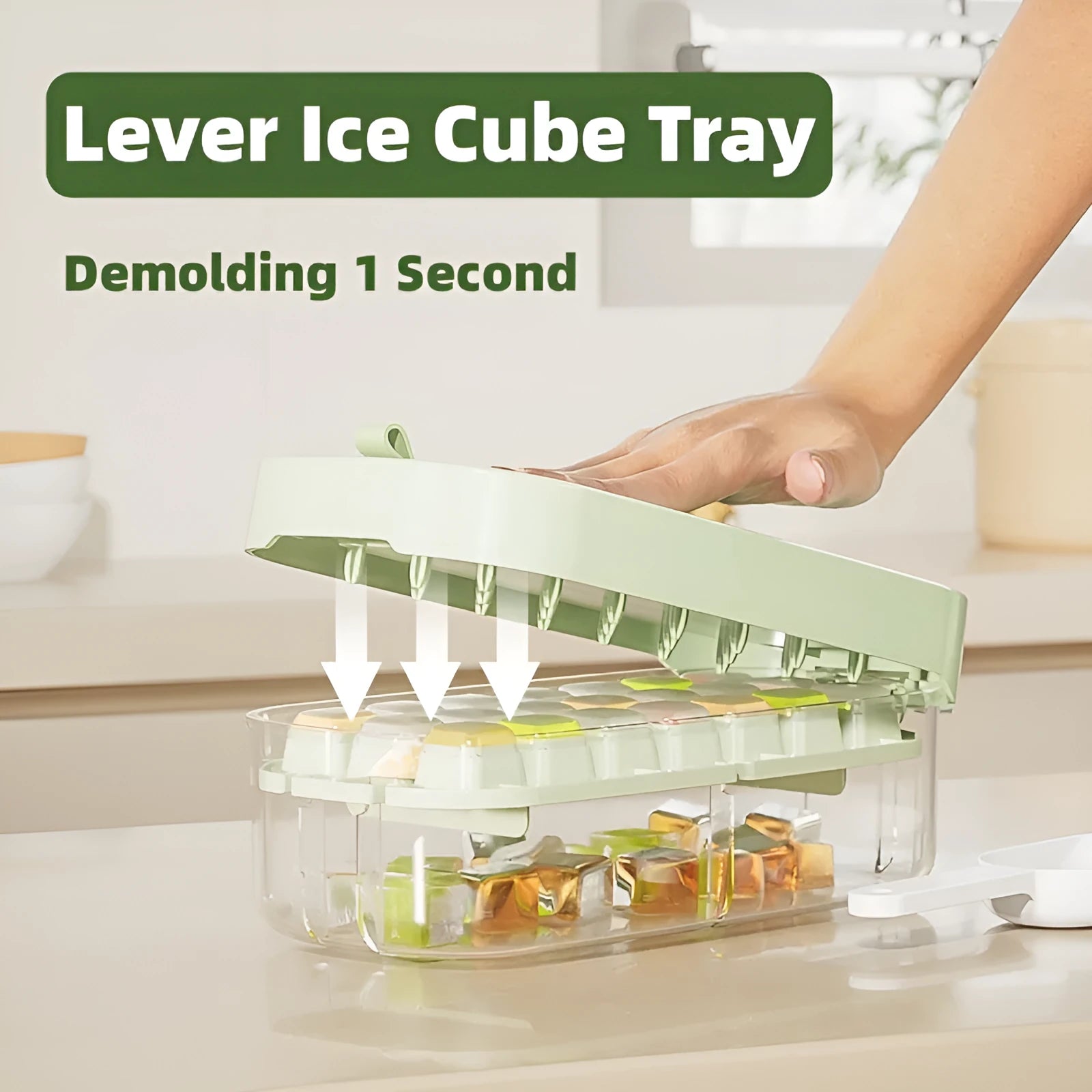 High capacity ice cube tray in blue colour with ice shovel stored in dedicated compartment