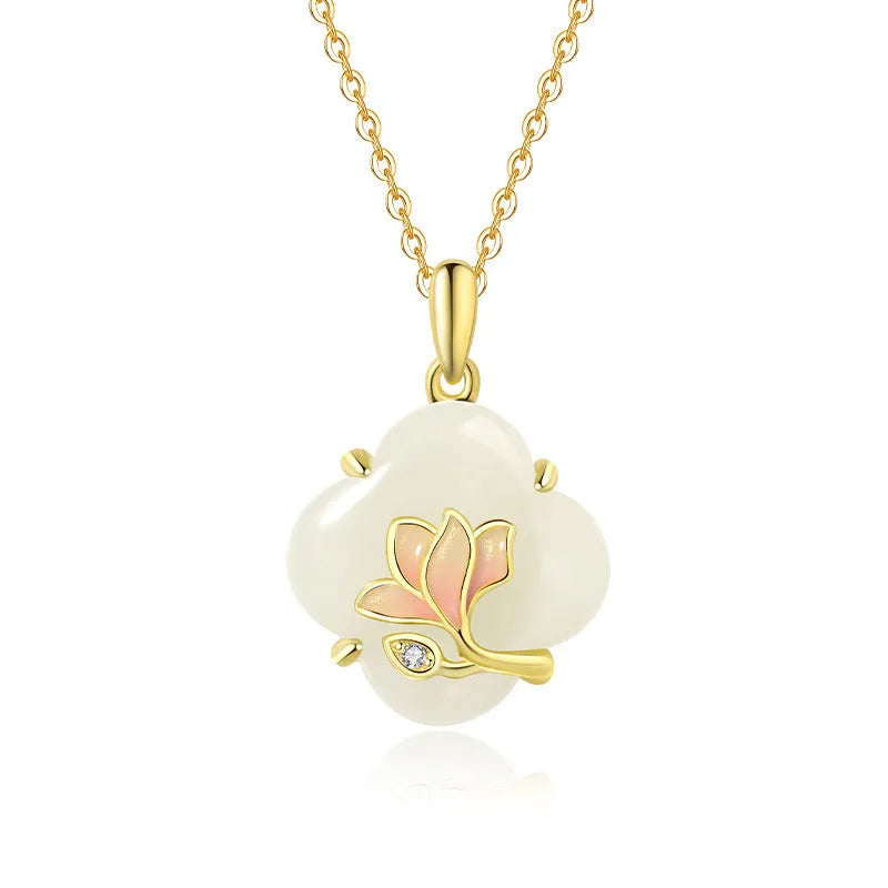 Magnolia Hetian jade necklace and bracelet set in 925 sterling silver with floral design