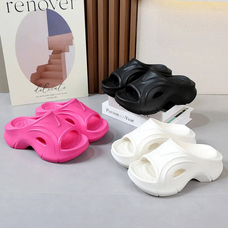 Women's thick-soled EVA foam slippers in rose red colour with round toe design