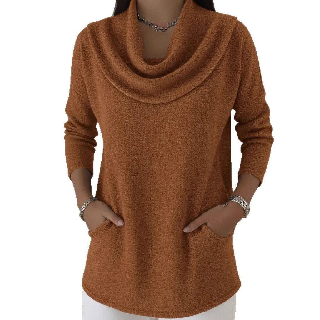 Women's polyester solid colour pocket pullover in blue, medium length long sleeve