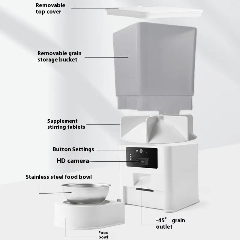 5L intelligent pet feeder with stainless steel bowl, available in button, WIFI, video, and smart island models
