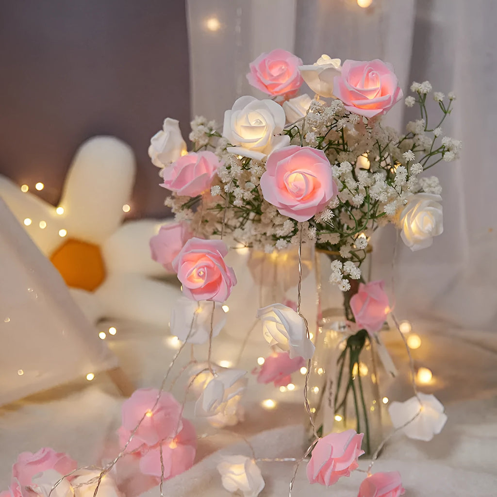 LED rose light string with 10 battery-powered lamps for indoor holiday decoration